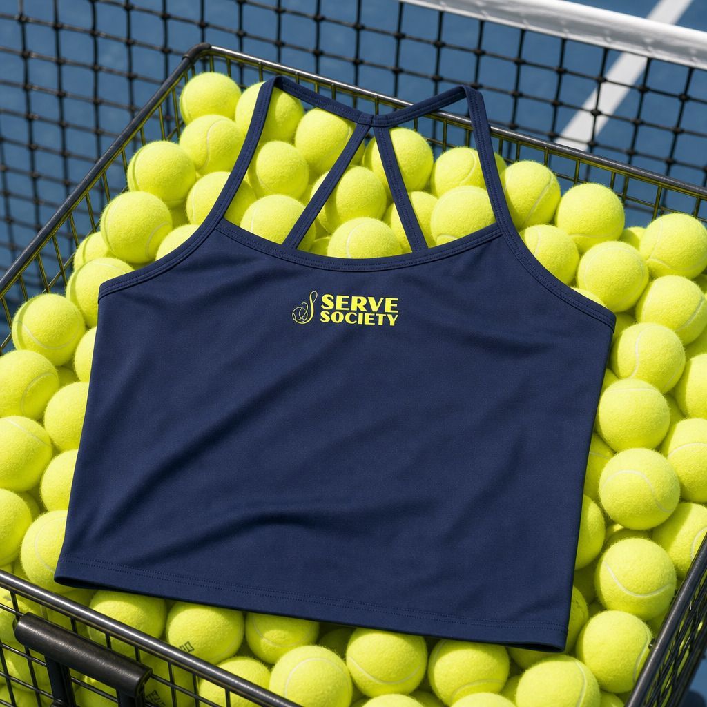 Serve Society navy tank top on a basket of tennis balls
